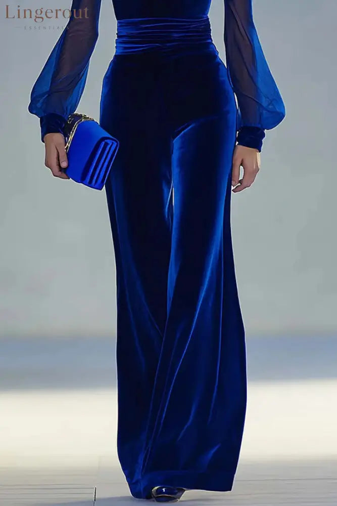 Solid Color Velvet V-neck Long-sleeved Elegant Fitted Jumpsuit