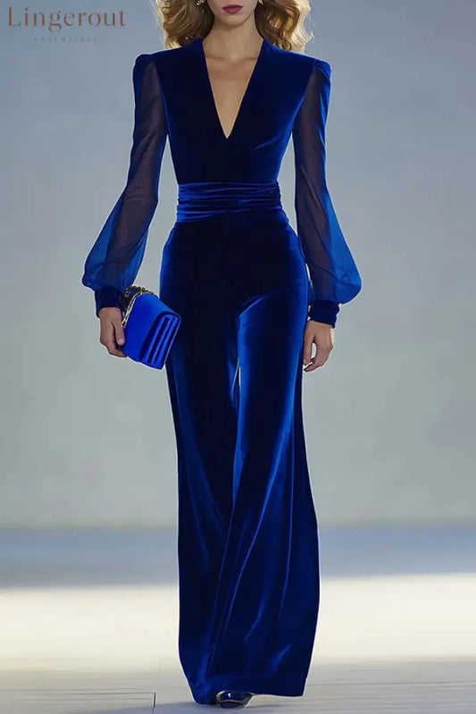 Solid Color Velvet V-neck Long-sleeved Elegant Fitted Jumpsuit - Blue / XS