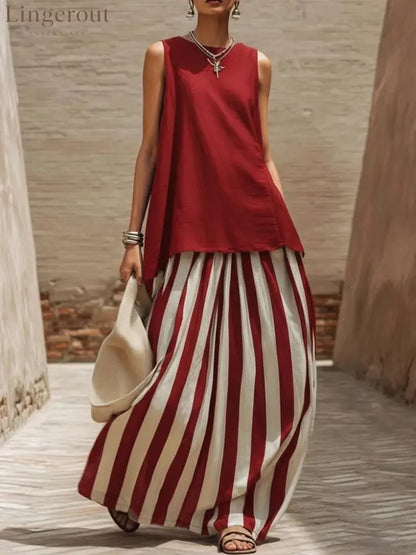 Solid Tank Top Striped Maxi Skirt Matching Set - Claret / S