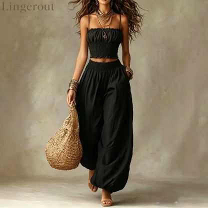 Spaghetti Strap Crop Top Baggy Harem Pants Boho Resort Wear Set