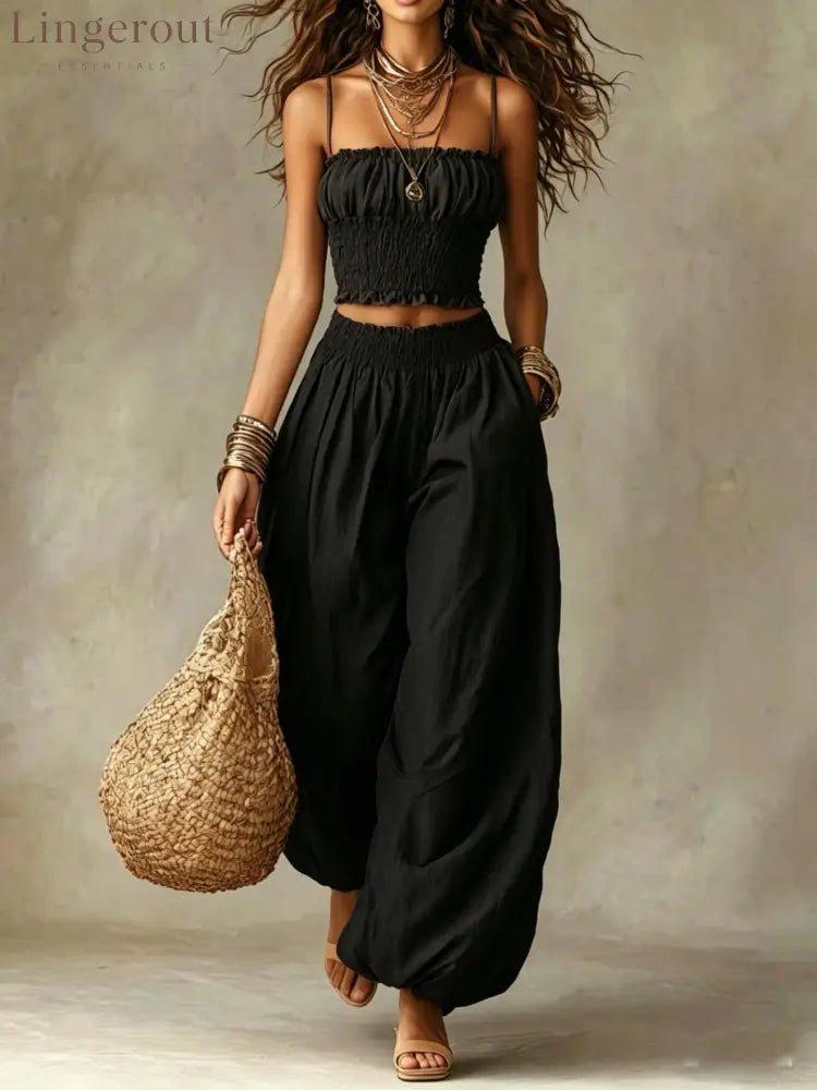Spaghetti Strap Crop Top Baggy Harem Pants Boho Resort Wear Set - Black / S