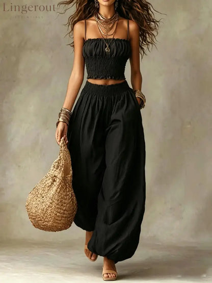 Spaghetti Strap Crop Top Baggy Harem Pants Boho Resort Wear Set - Black / S