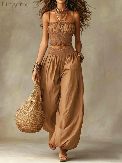 Spaghetti Strap Crop Top Baggy Harem Pants Boho Resort Wear Set - Khaki / S