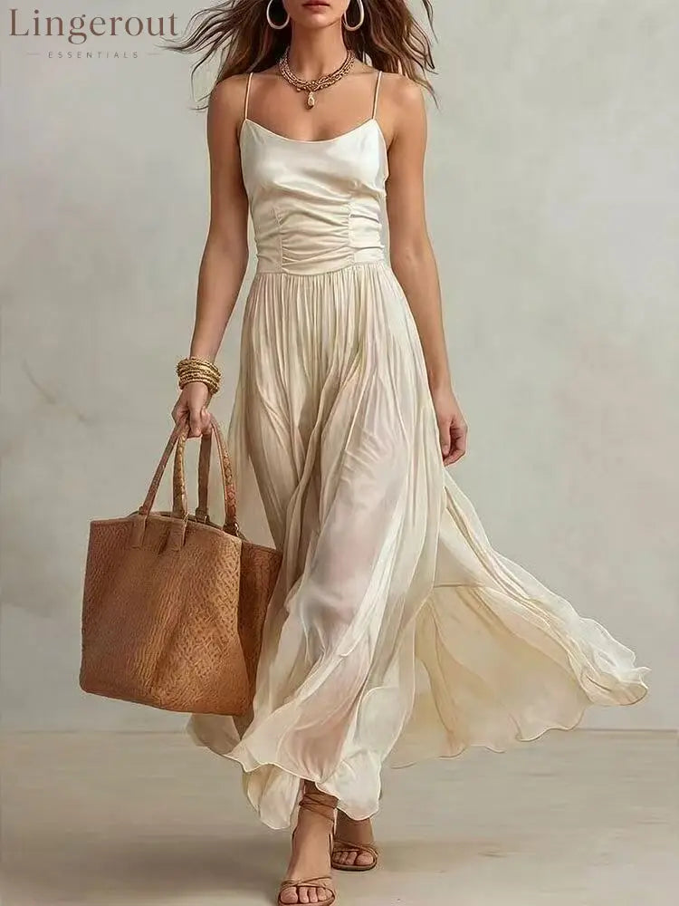 Spaghetti Strap Ruched Bodice Maxi Dress - Apricot / S