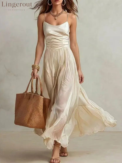Spaghetti Strap Ruched Bodice Maxi Dress - Apricot / S