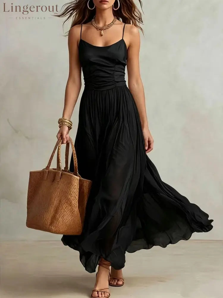 Spaghetti Strap Ruched Bodice Maxi Dress - Black / S