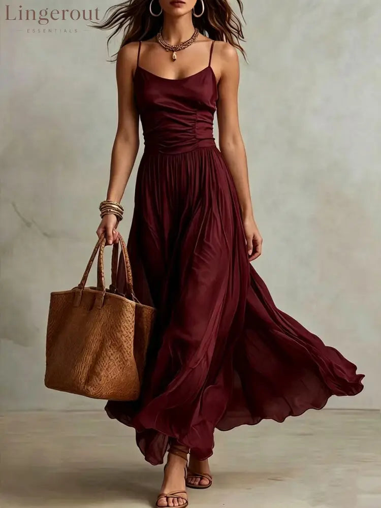Spaghetti Strap Ruched Bodice Maxi Dress - Burgundy / S