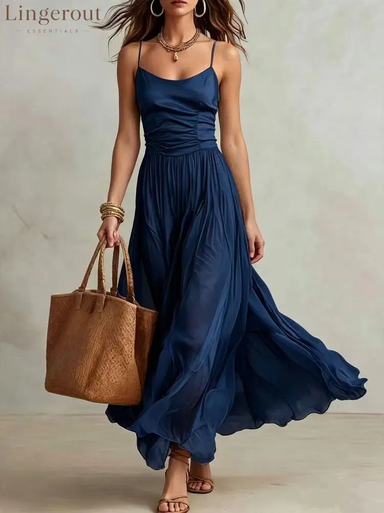Spaghetti Strap Ruched Bodice Maxi Dress - Dark blue / S