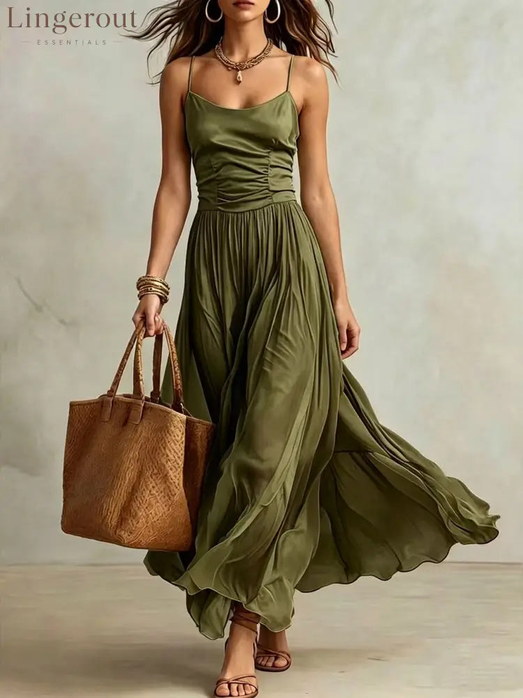 Spaghetti Strap Ruched Bodice Maxi Dress - Green / S