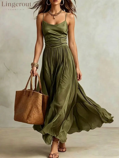 Spaghetti Strap Ruched Bodice Maxi Dress - Green / S