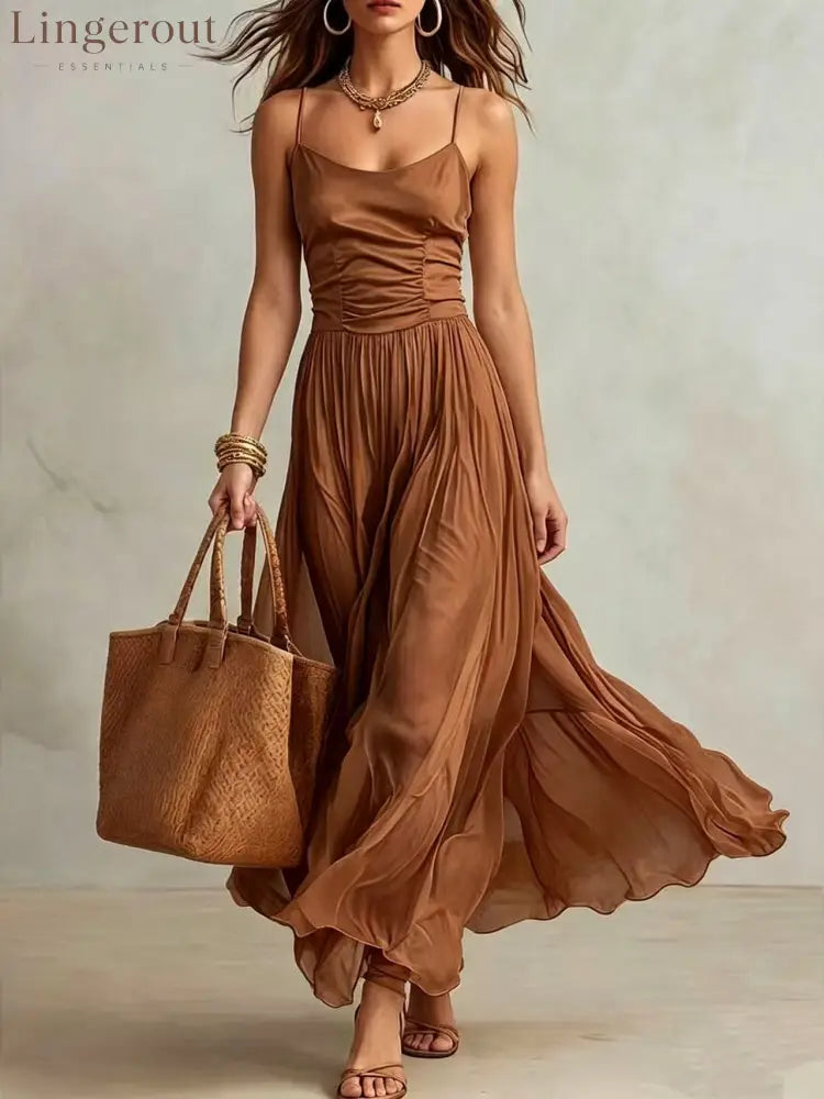 Spaghetti Strap Ruched Bodice Maxi Dress - Light brown / S
