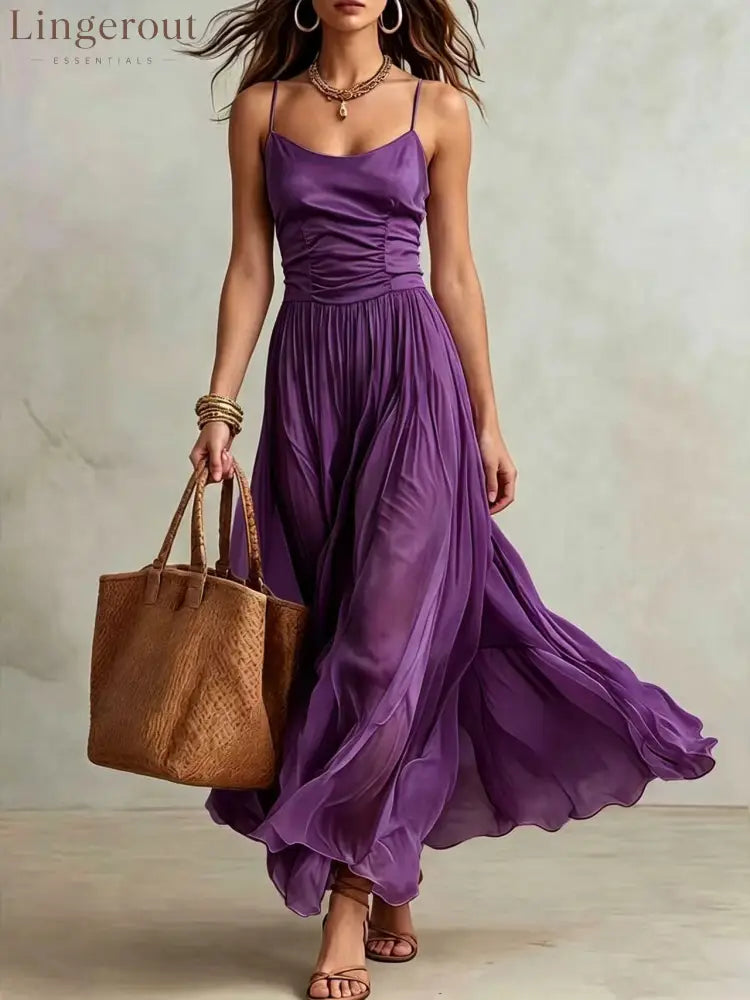 Spaghetti Strap Ruched Bodice Maxi Dress - Purple / S
