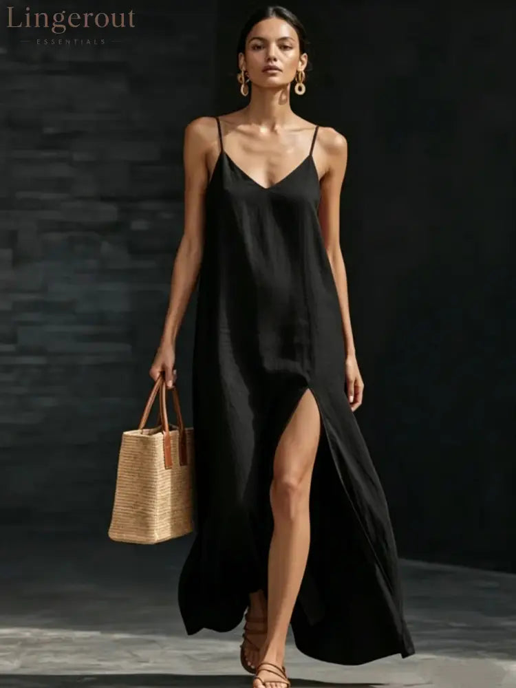 Spaghetti Strap V-Neck High Side Slit Loose Shift Vacation Dress - Black / S