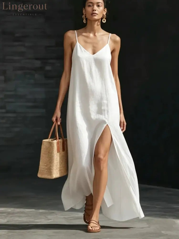 Spaghetti Strap V-Neck High Side Slit Loose Shift Vacation Dress - White / S