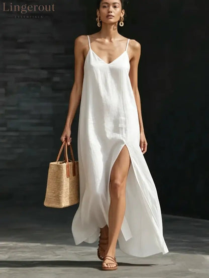 Spaghetti Strap V-Neck High Side Slit Loose Shift Vacation Dress - White / S