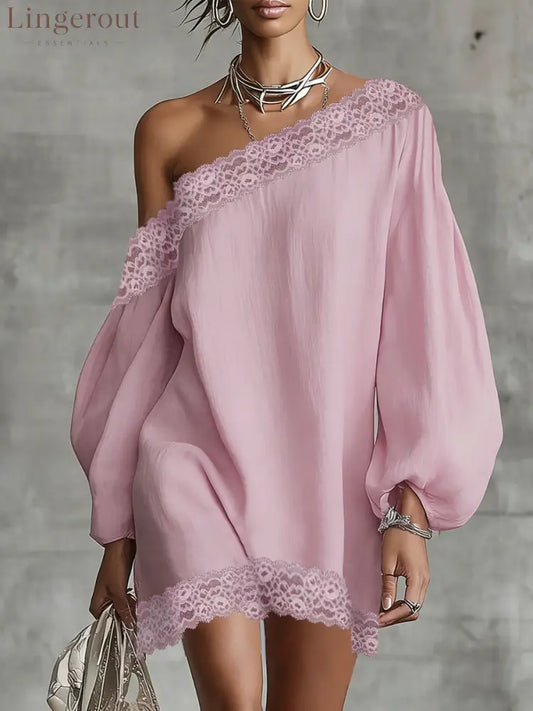 Split-Joint Solid Color Puff Sleeves Loose One-shoulder Mini Dresses - PINK / S