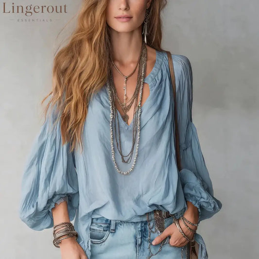 Split V-Neck Puff Long Sleeve Loose Textured Blouse