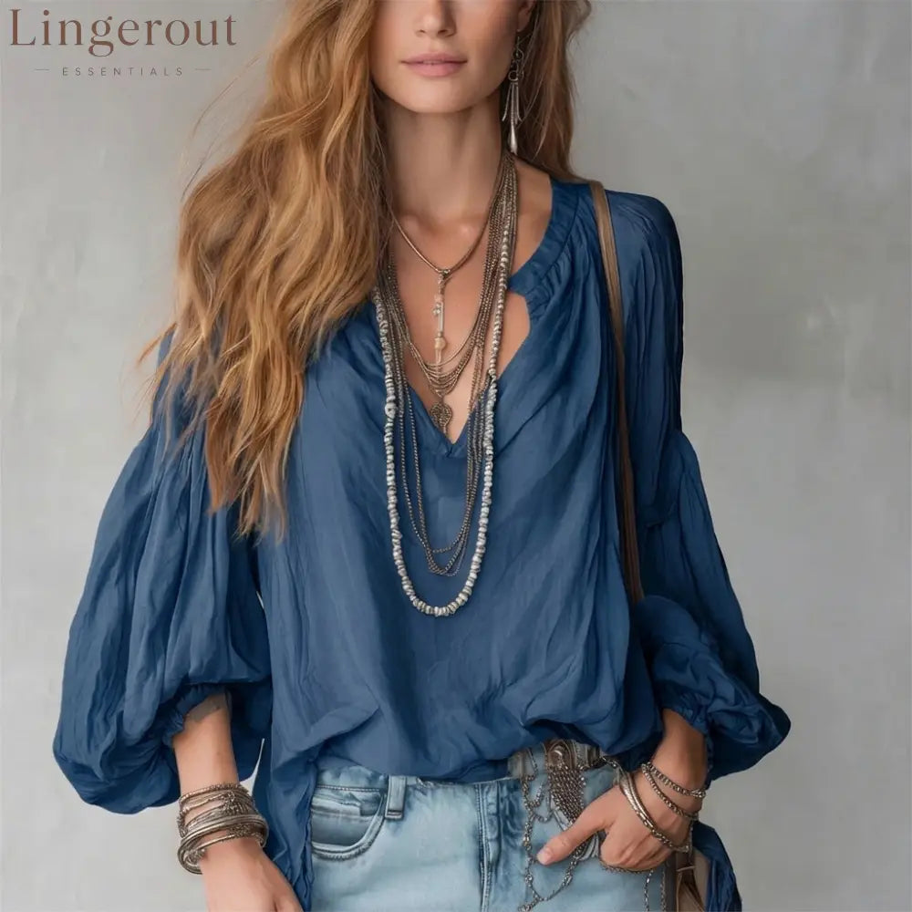 Split V-Neck Puff Long Sleeve Loose Textured Blouse - Dark blue / S