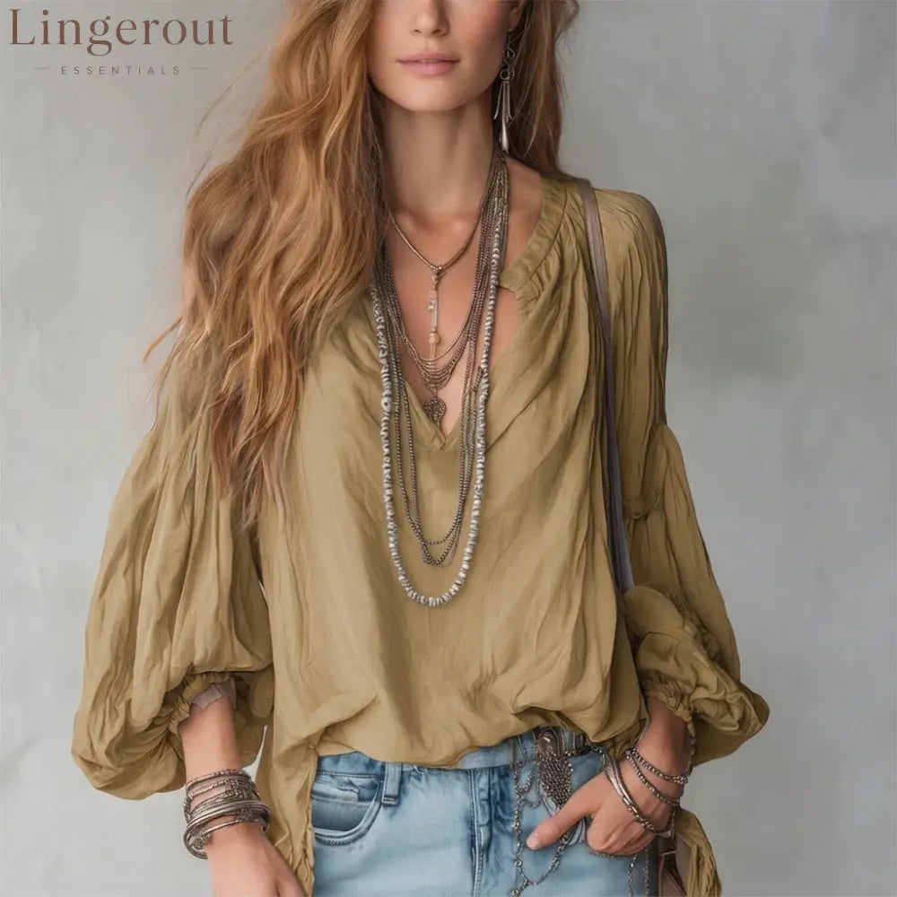 Split V-Neck Puff Long Sleeve Loose Textured Blouse - Khaki / S