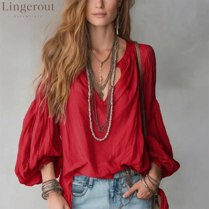 Split V-Neck Puff Long Sleeve Loose Textured Blouse - Red / S