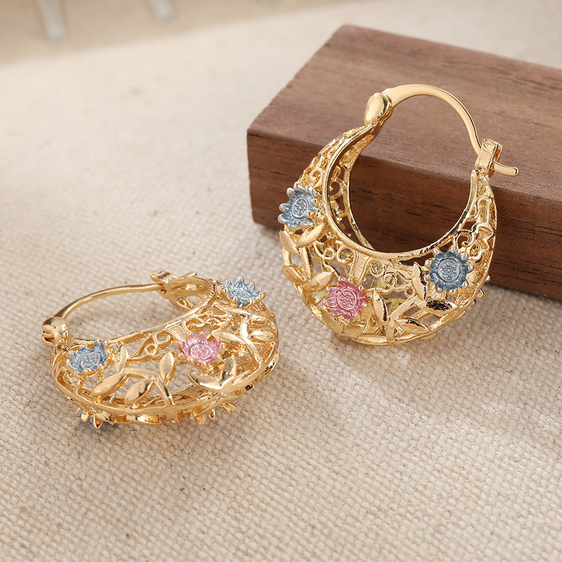 📢📢30% OFF!! ⏰ Gold-Plated Crescent Hoop Earrings with Enamel Flowers - Clothing & Accessories