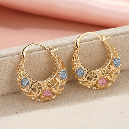 📢📢30% OFF!! ⏰ Gold-Plated Crescent Hoop Earrings with Enamel Flowers - 🛍️ 1 SET – Try it / Gold - Clothing & Accessories
