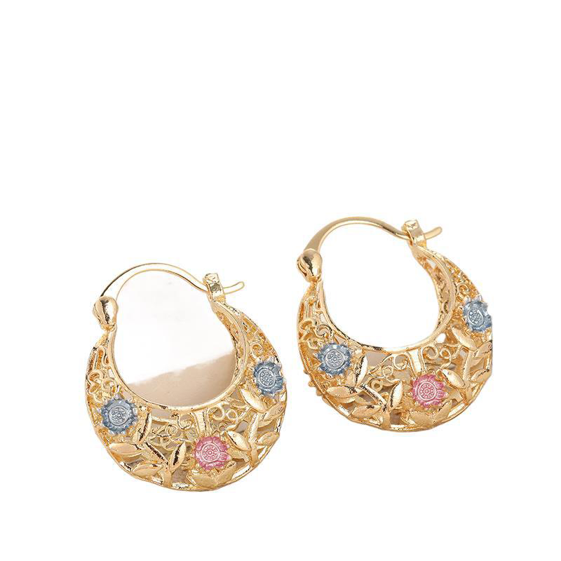 📢📢30% OFF!! ⏰ Gold-Plated Crescent Hoop Earrings with Enamel Flowers - Clothing & Accessories