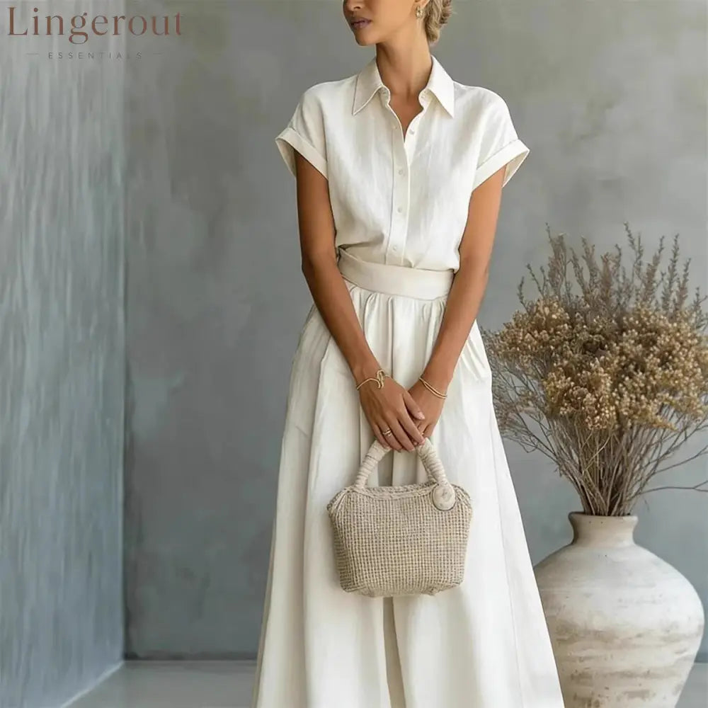 Spring And Summer Fashion Casual Solid Color Shirt Wide-Leg Pants Two-Piece Set