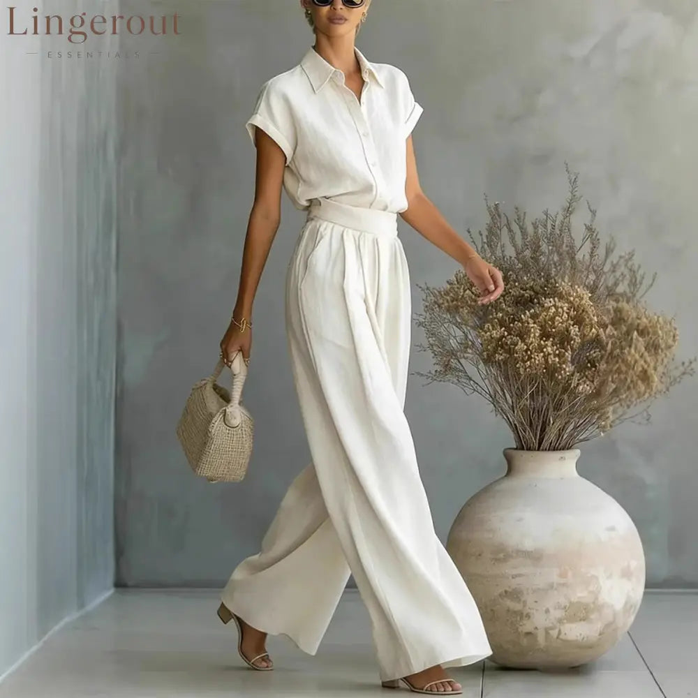 Spring And Summer Fashion Casual Solid Color Shirt Wide-Leg Pants Two-Piece Set