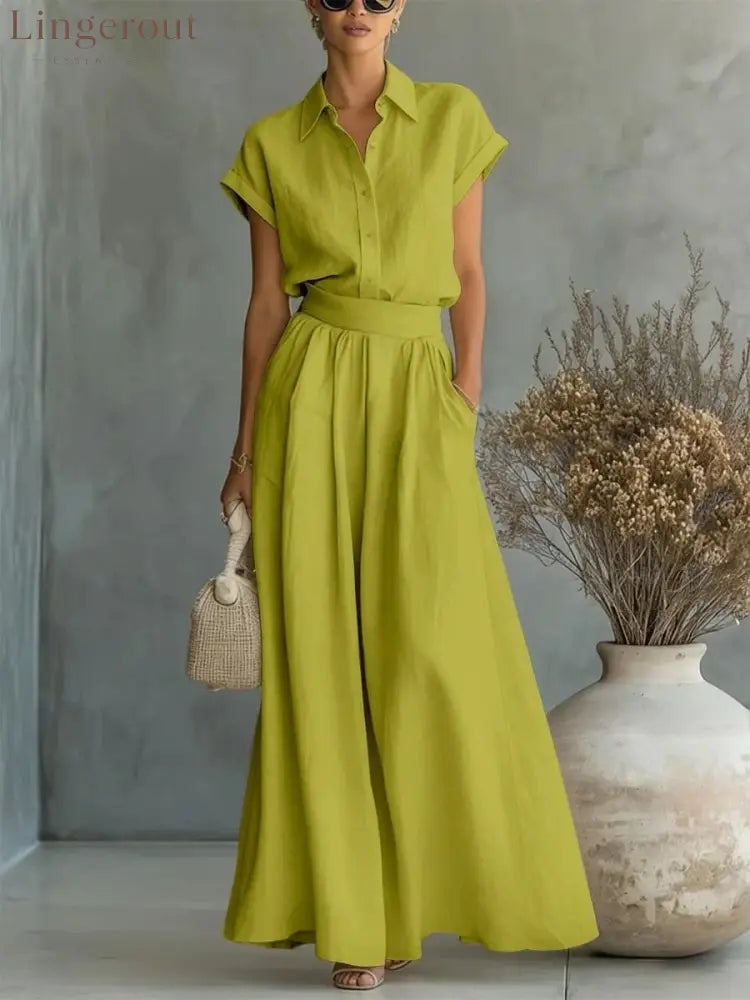 Spring And Summer Fashion Casual Solid Color Shirt Wide-Leg Pants Two-Piece Set - Olive color / XS
