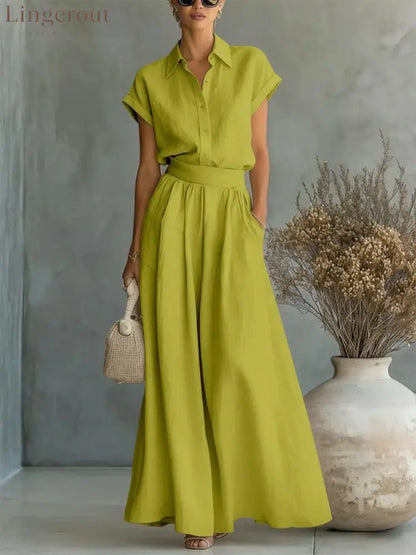 Spring And Summer Fashion Casual Solid Color Shirt Wide-Leg Pants Two-Piece Set - Olive color / XS