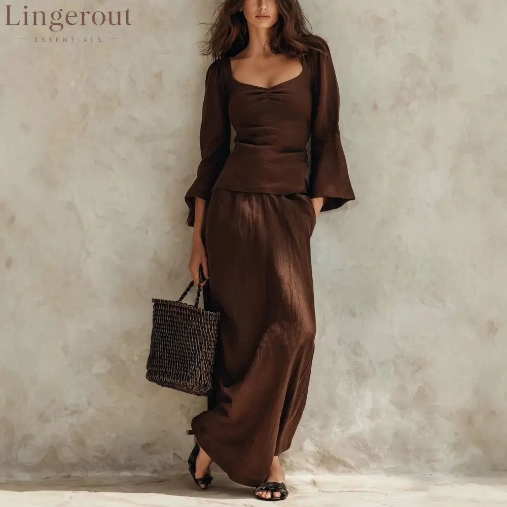 Square Neck Flare Sleeve Top & Maxi Skirt Matching Set