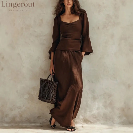 Square Neck Flare Sleeve Top & Maxi Skirt Matching Set