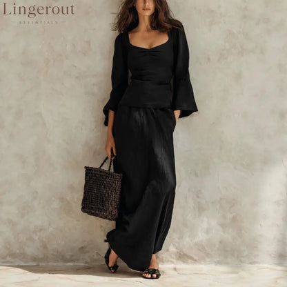 Square Neck Flare Sleeve Top & Maxi Skirt Matching Set
