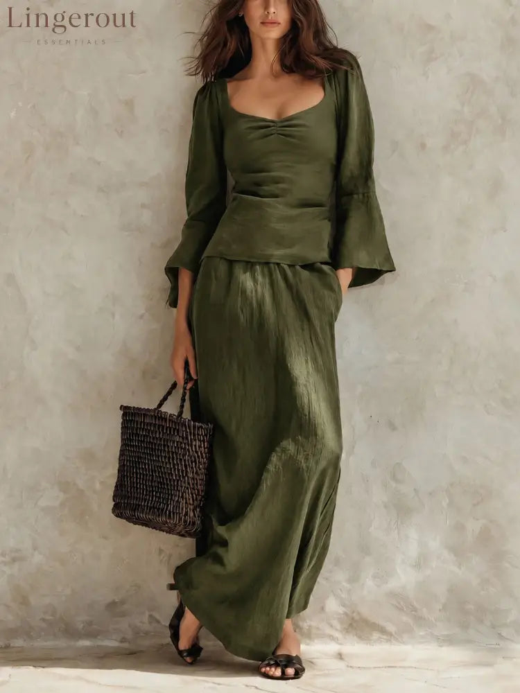 Square Neck Flare Sleeve Top & Maxi Skirt Matching Set - Army green / S