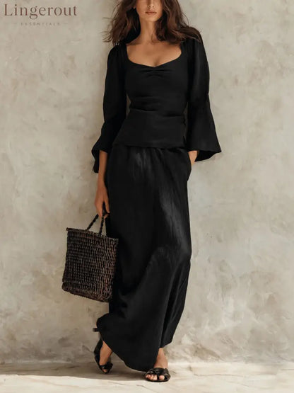 Square Neck Flare Sleeve Top & Maxi Skirt Matching Set - Black / S