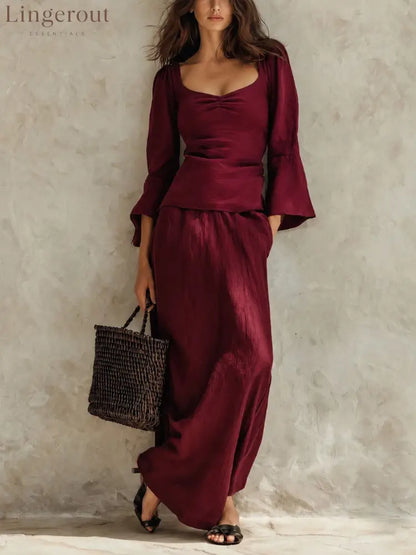 Square Neck Flare Sleeve Top & Maxi Skirt Matching Set - Claret / S