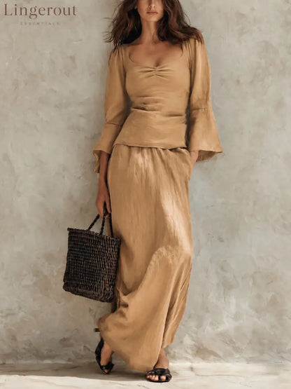 Square Neck Flare Sleeve Top & Maxi Skirt Matching Set - Orange / S