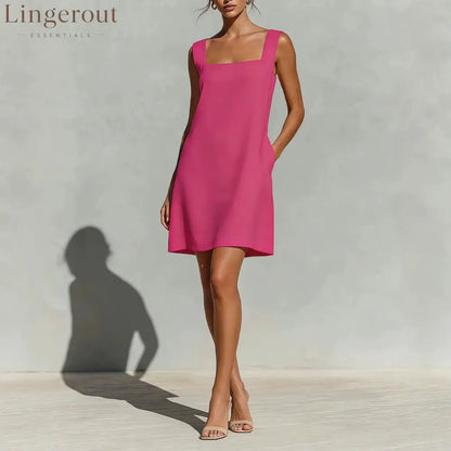 Square Neck Linen Shift Mini Dress