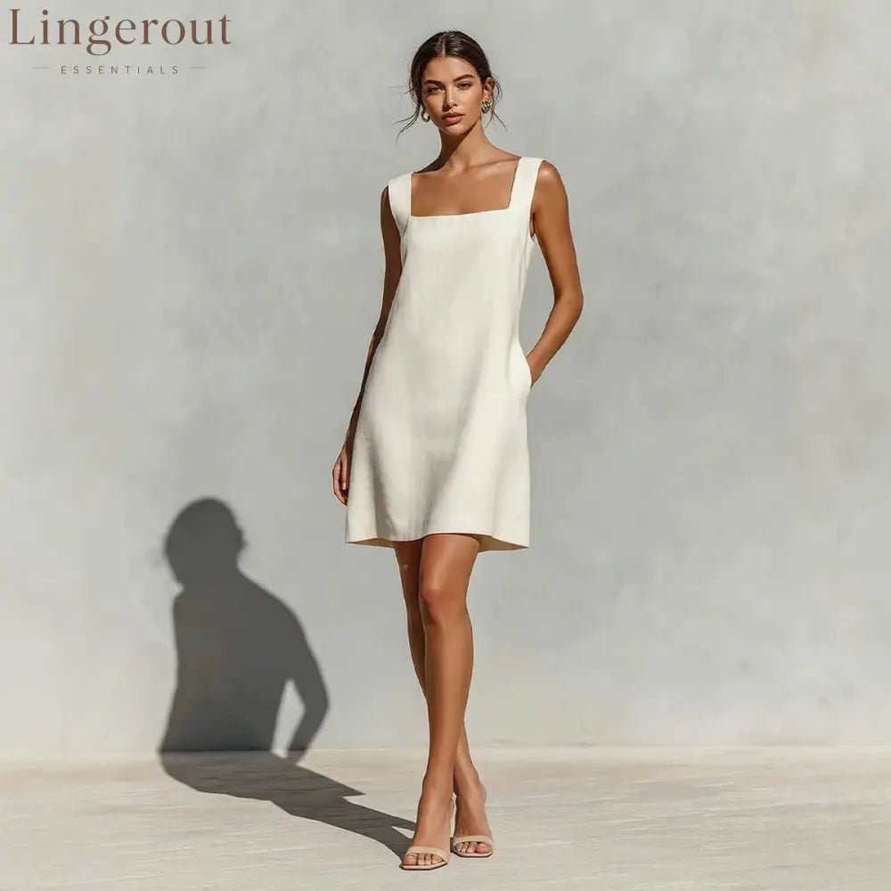 Square Neck Linen Shift Mini Dress