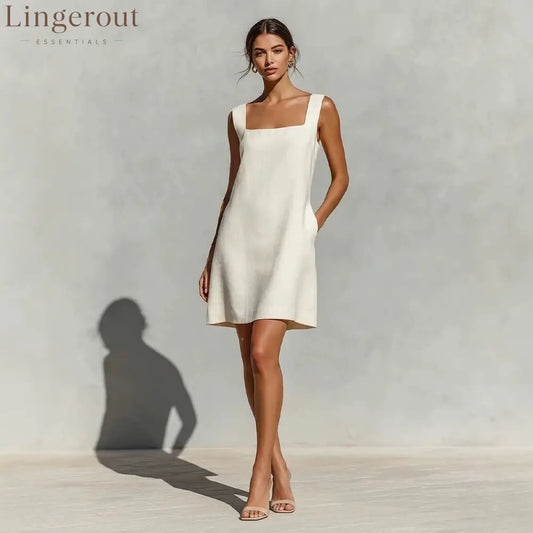 Square Neck Linen Shift Mini Dress