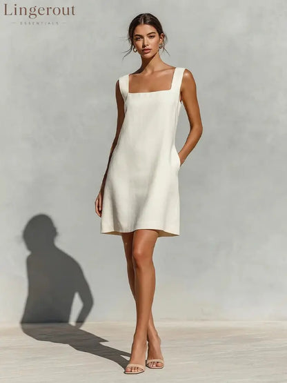 Square Neck Linen Shift Mini Dress - White / XS