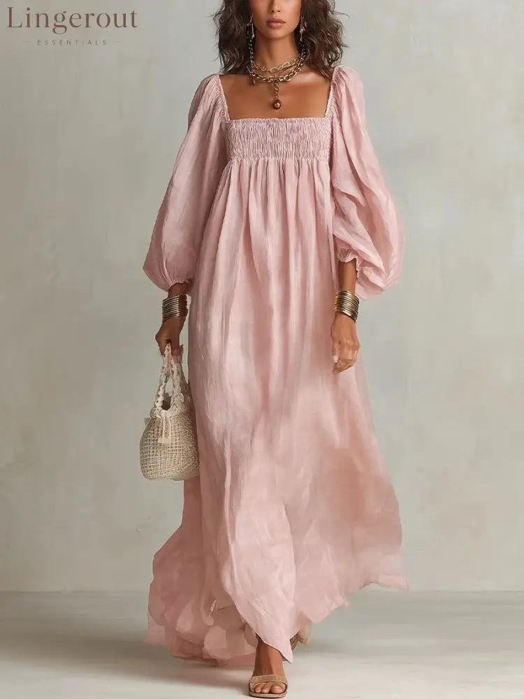 Square Neck Smocked Puff Sleeve Bohemian Maxi Dress