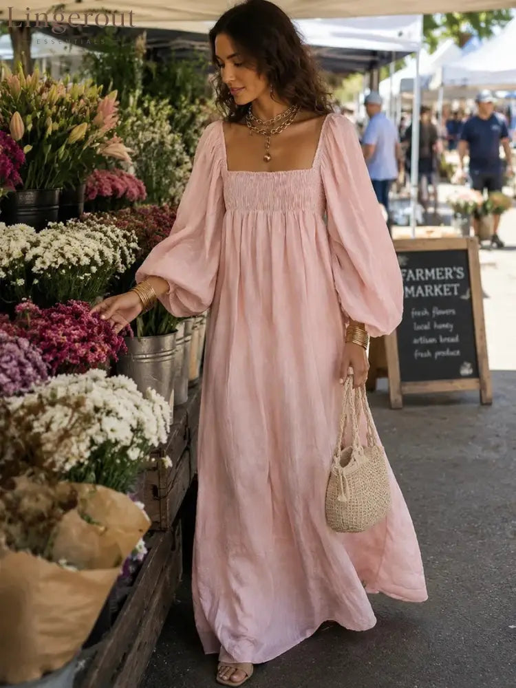 Square Neck Smocked Puff Sleeve Bohemian Maxi Dress - Pink / S
