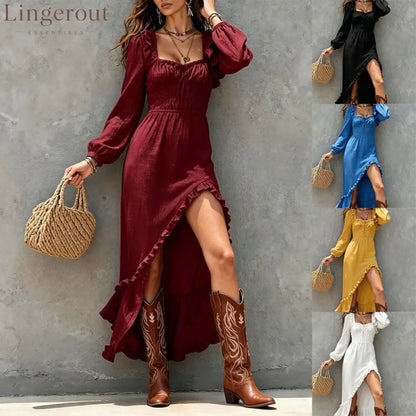 Square‑Neck Smocked Ruffle High‑Slit Maxi Dress