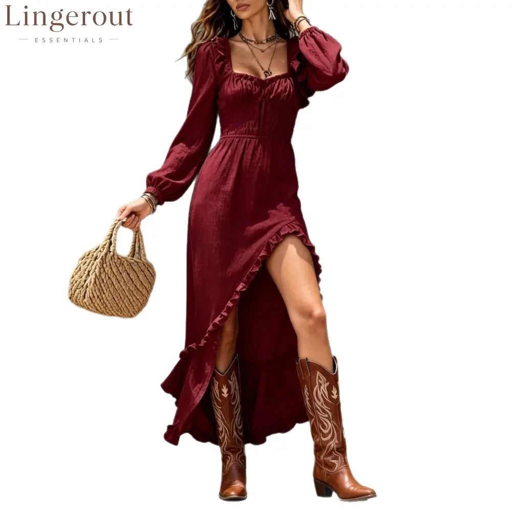 Square‑Neck Smocked Ruffle High‑Slit Maxi Dress - burgundy / S