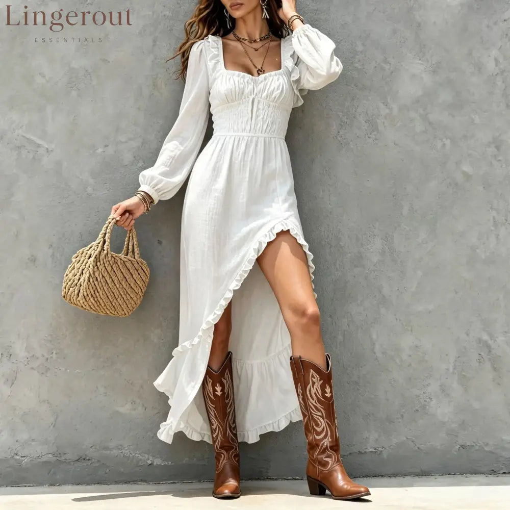 Square‑Neck Smocked Ruffle High‑Slit Maxi Dress - white / S