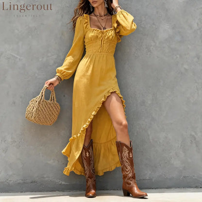 Square‑Neck Smocked Ruffle High‑Slit Maxi Dress - yellow / S