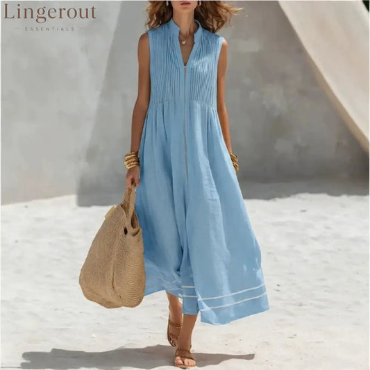 Stand Collar Pleated Zip Front Sleeveless Linen Midi Dress
