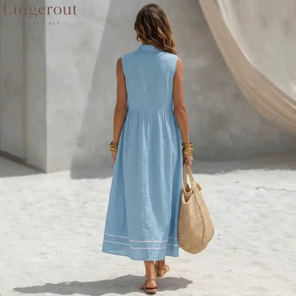 Stand Collar Pleated Zip Front Sleeveless Linen Midi Dress